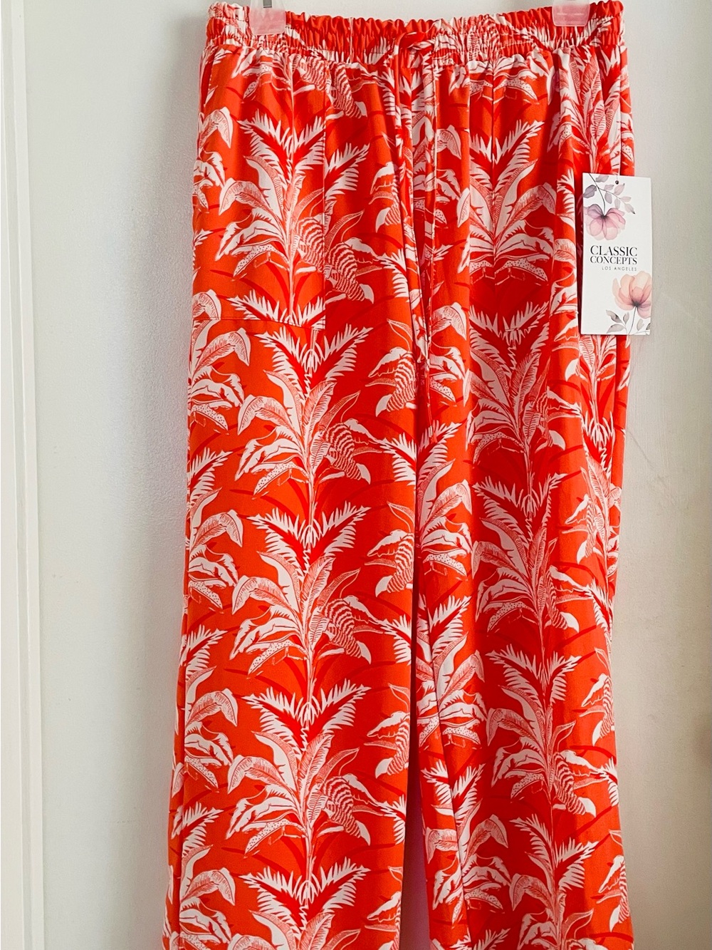 Red Wide-Leg Palm Print Pants